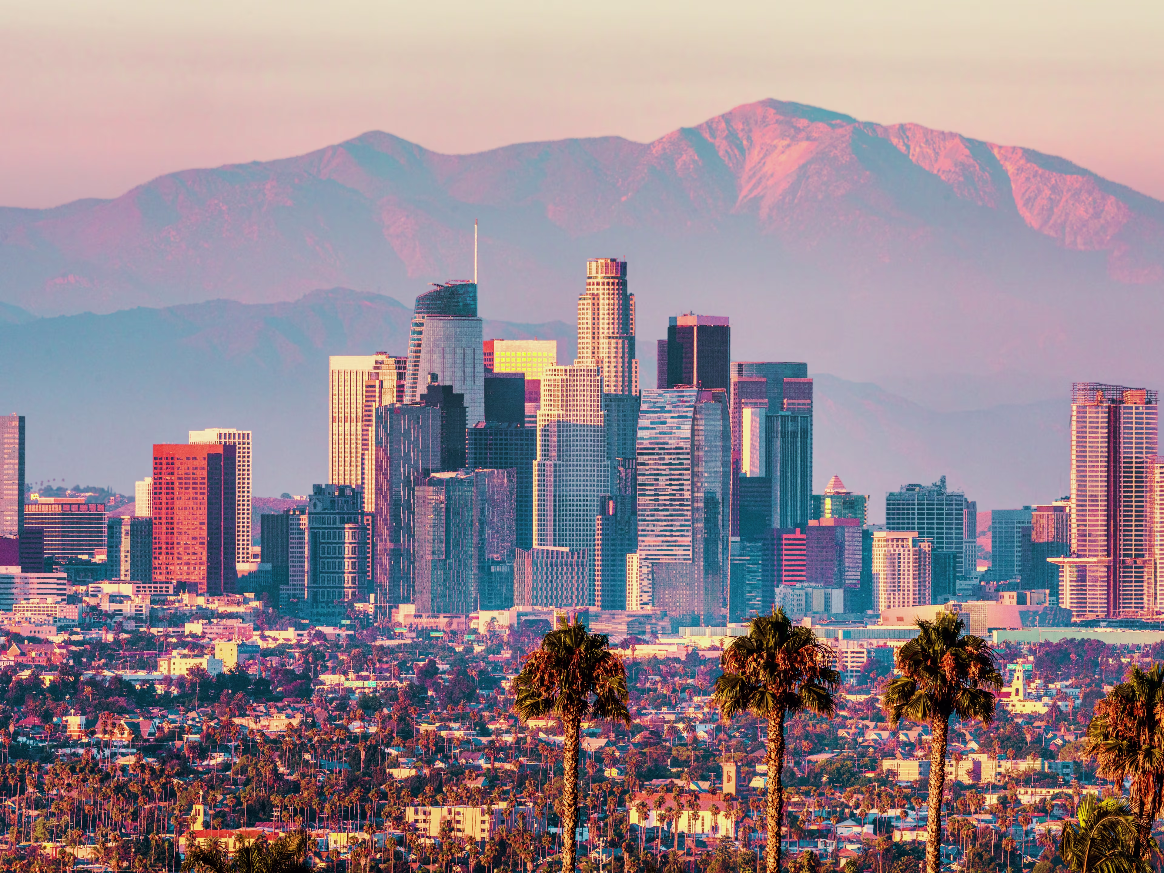 Downtown Los Angeles skyline at sunset